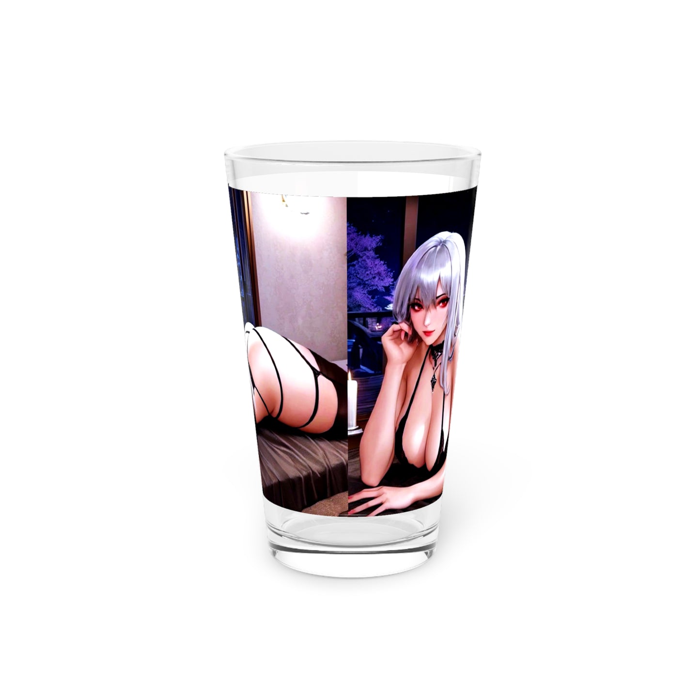 Pint Glass, 16oz - Curvy Silver Haired Anime Bombshell