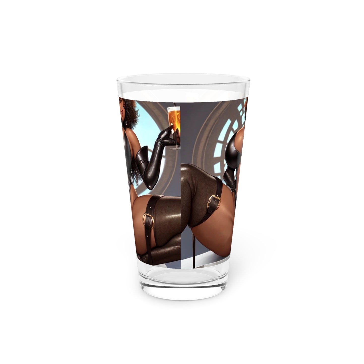 Pint Glass, 16oz - Sexy Dark Skinned Woman With Afro in Leather