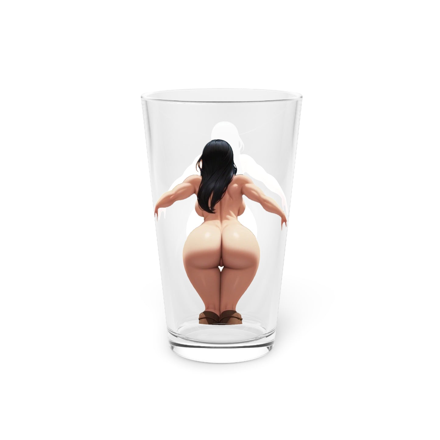 Pint Glass, 16oz - Curvy Woman Dark Hair Squatting