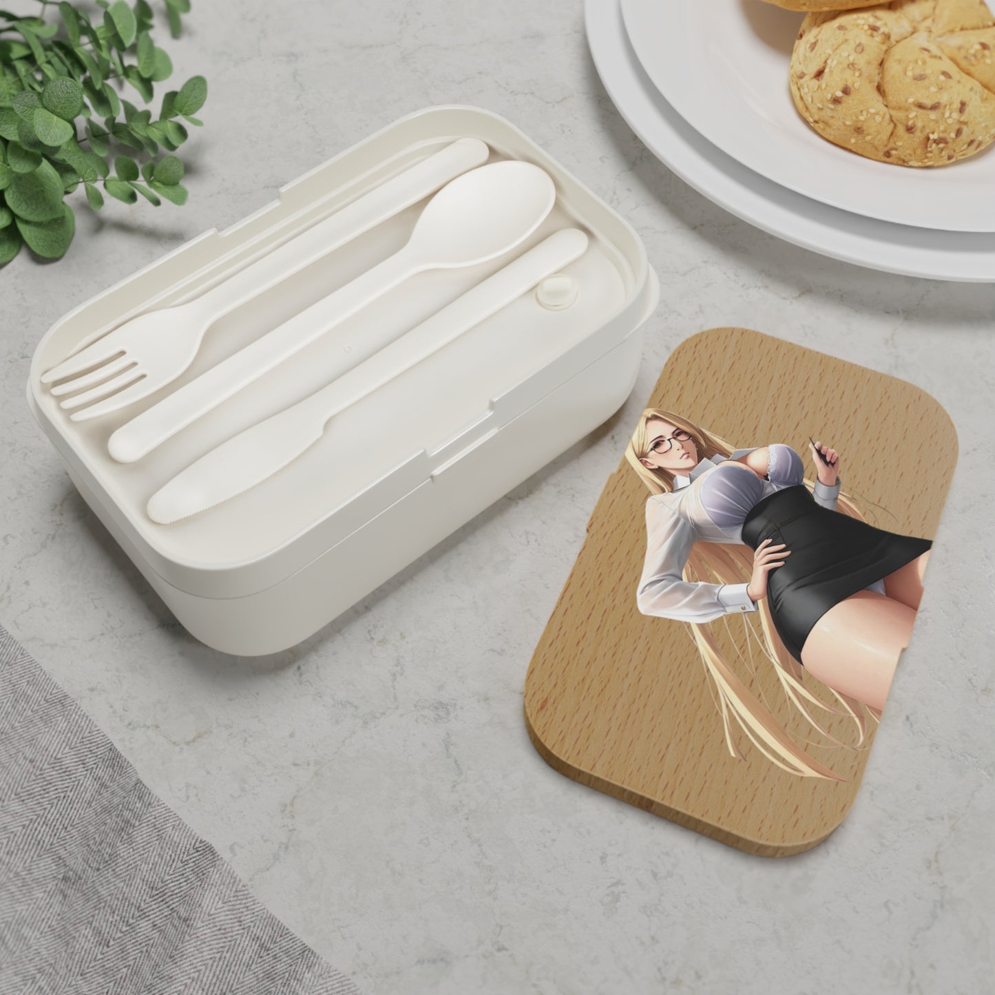 Bento Lunch Box - Classy Blonde Woman in Glasses and a Wet Blouse and Pencil Skirt