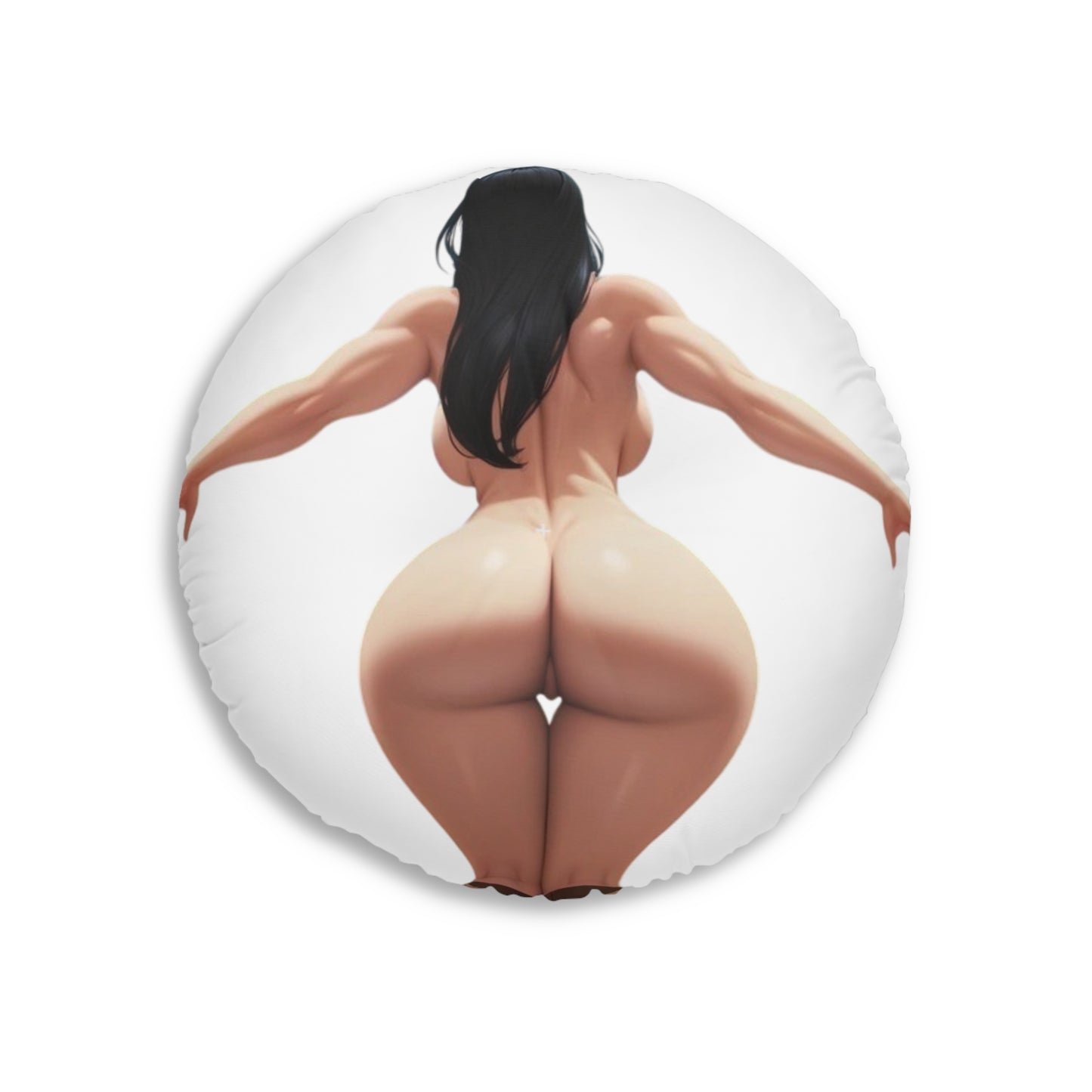 Tufted Floor Pillow, Round - Curvy Woman Dark Hair Squatting