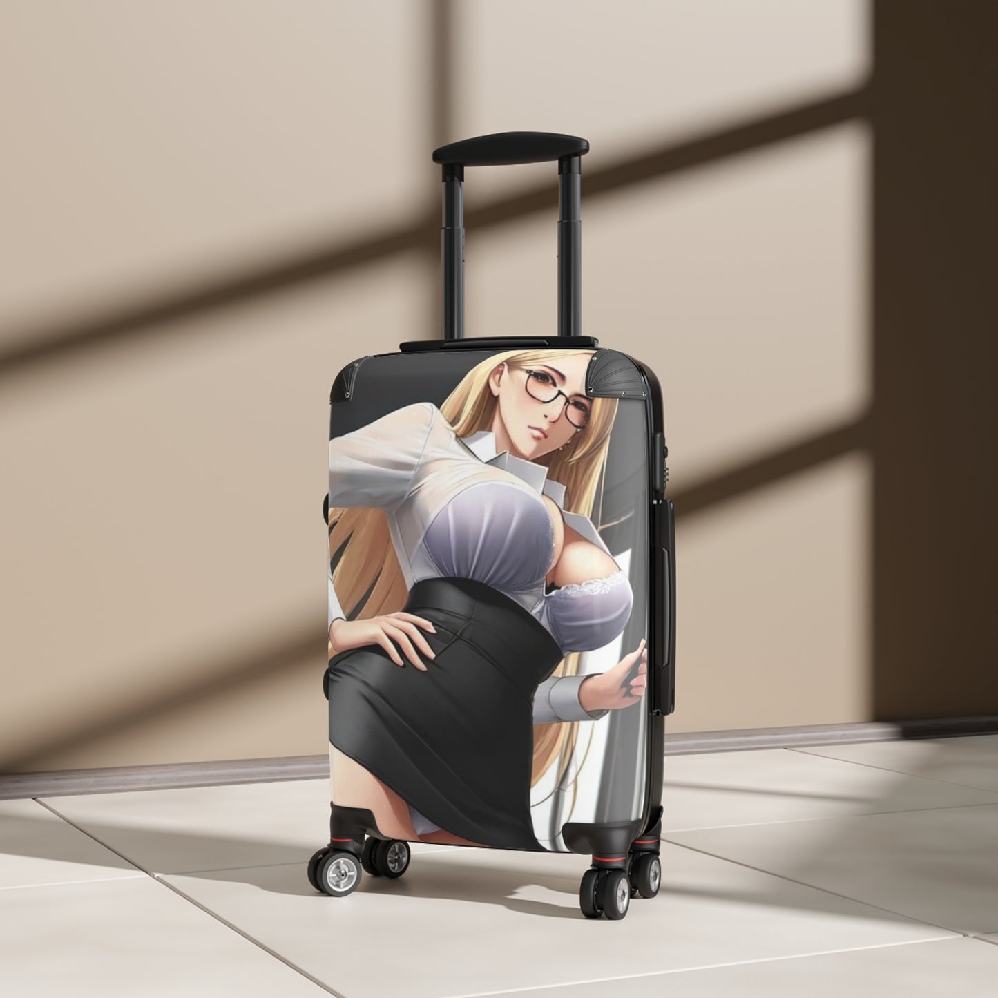 Suitcase - Classy Blonde Woman in Glasses and a Wet Blouse and Pencil Skirt