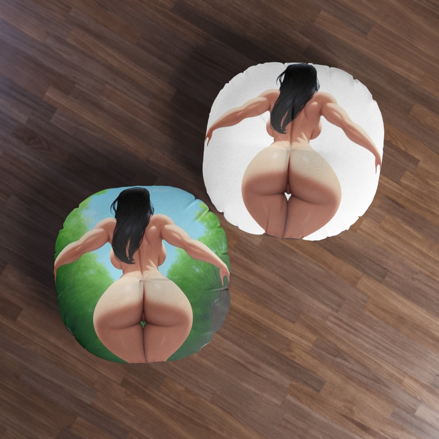 Tufted Floor Pillow, Round - Curvy Woman Dark Hair Squatting