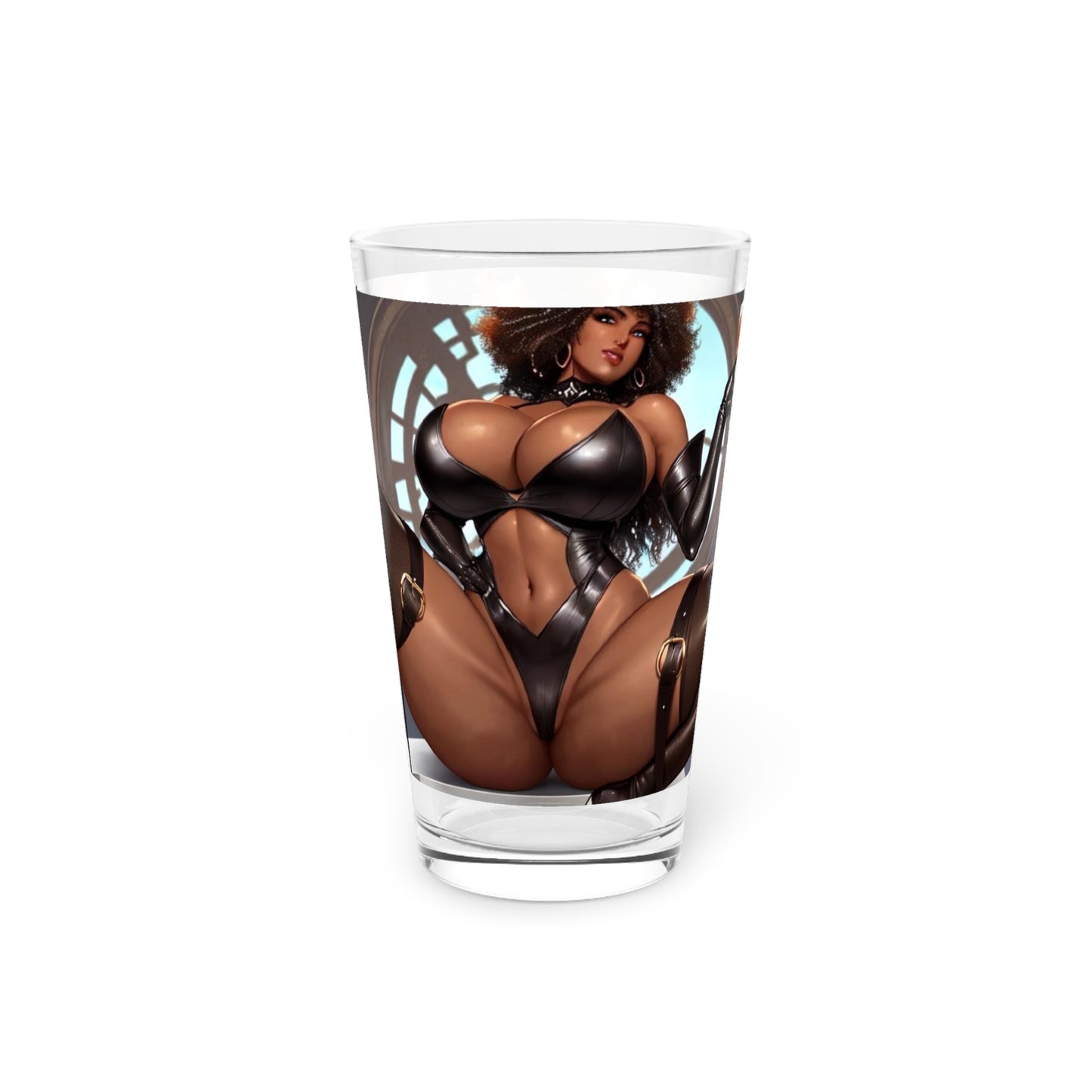 Pint Glass, 16oz - Sexy Dark Skinned Woman With Afro in Leather