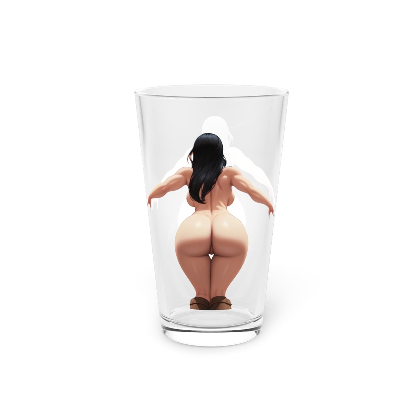 Pint Glass, 16oz - Curvy Woman Dark Hair Squatting