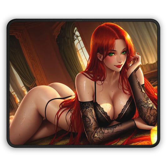 Gaming Mouse Pad - Red Long Haired Black Lingerie Curious Lady