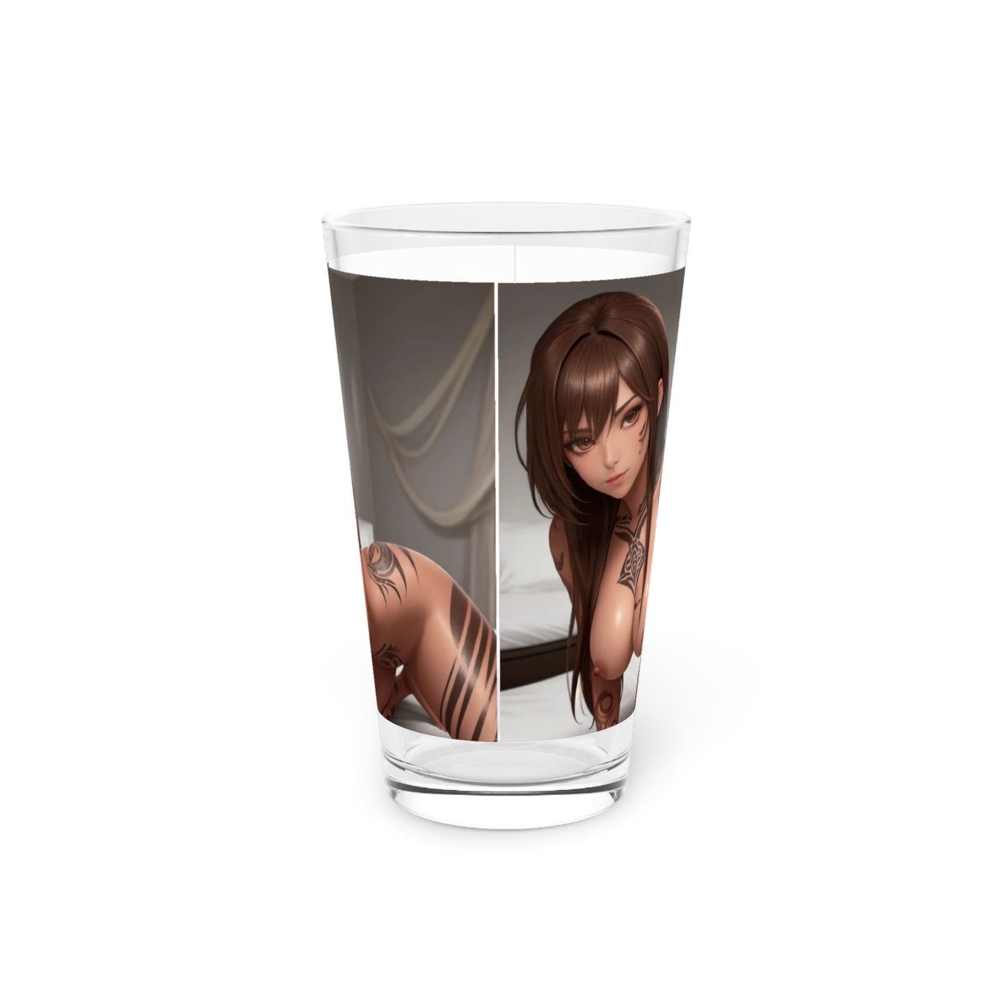 Pint Glass, 16oz - Sexy Tattooed Brunette in Bed