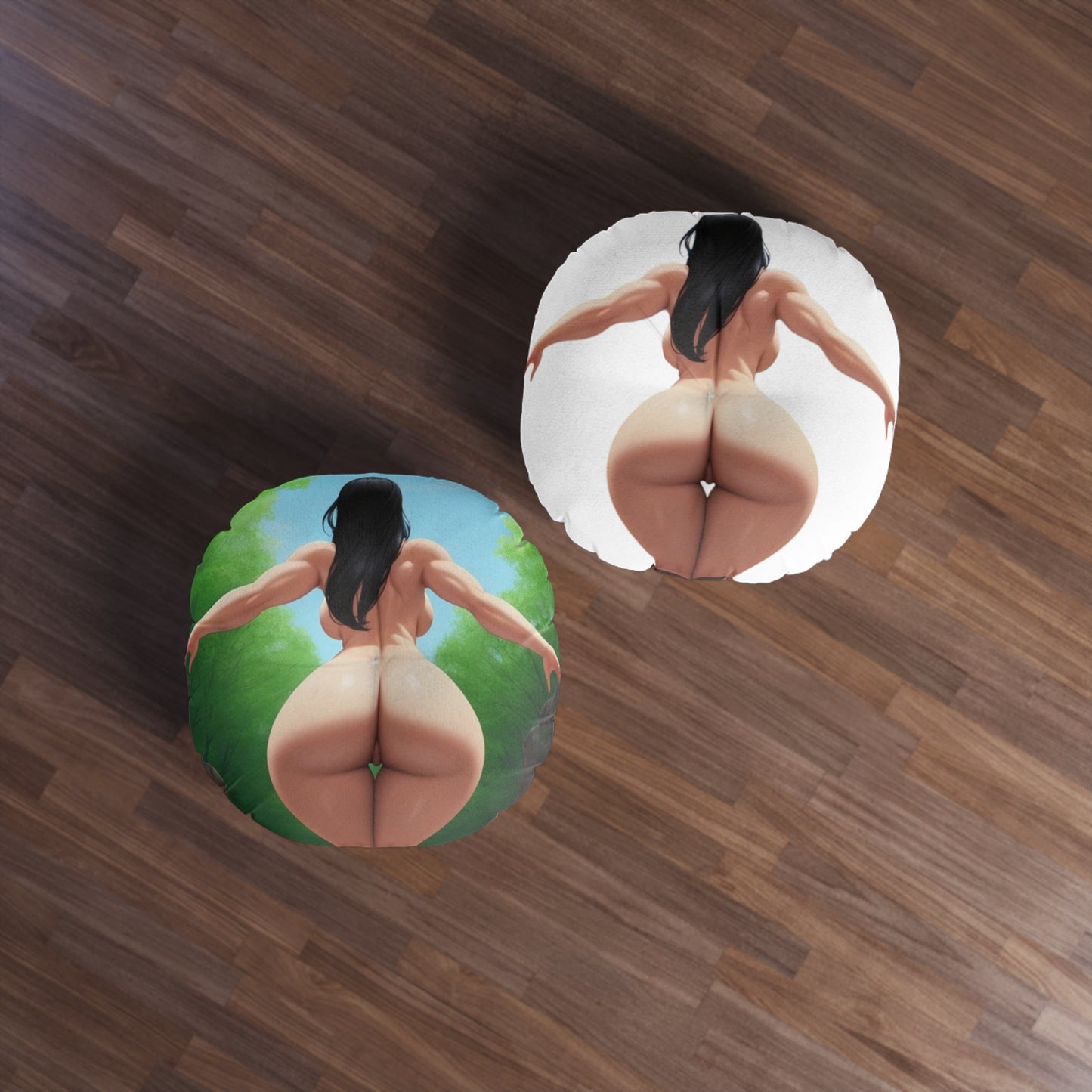 Tufted Floor Pillow, Round - Curvy Woman Dark Hair Squatting